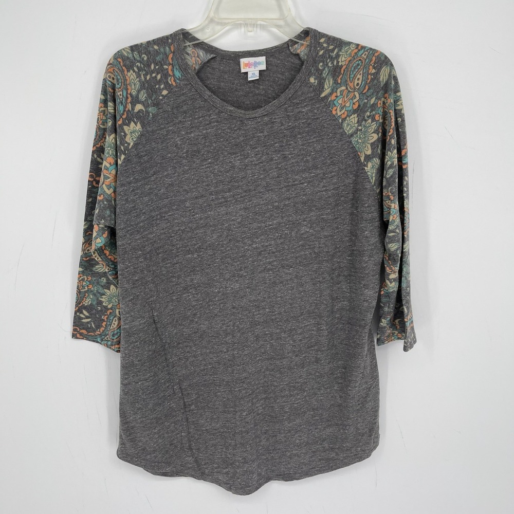 LuLaRoe Women's Gray Paisley Raglan Sleeve Crewneck Randy Tee T-Shirt Size XL